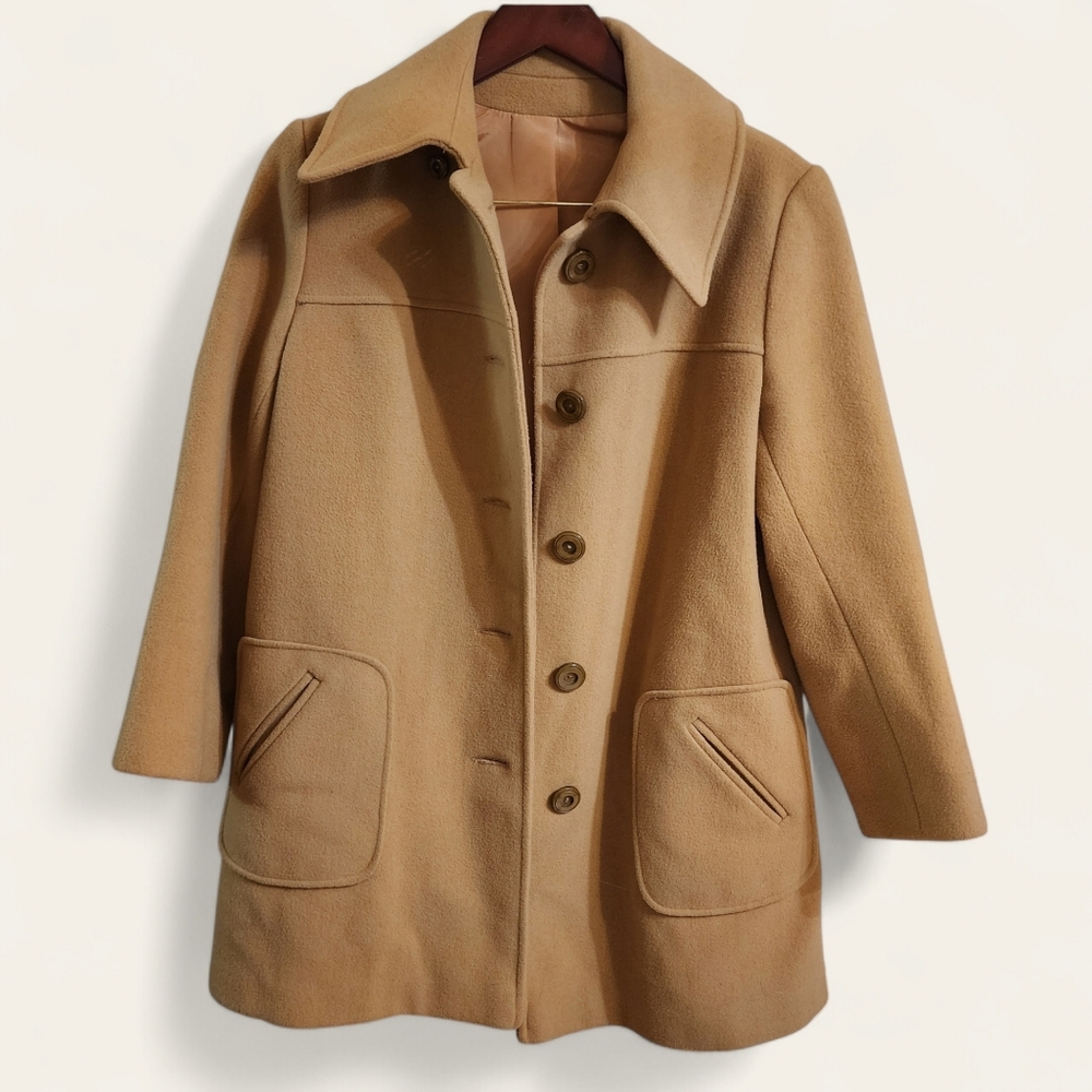 Montgomery Ward Vintage Car Coat Button Front Pocket Camel Tan 14 60s 70s Retro